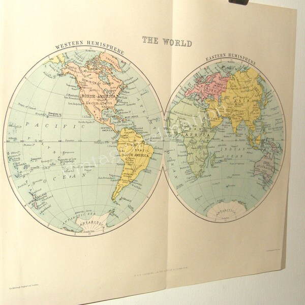 Carte (ORIGINAL) des régions de la carte du monde ANTIQUE monde 1924 hémisphères