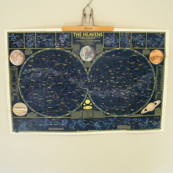 HUGE 1970 35" Astronomy print The HEAVENS large wall Chart print