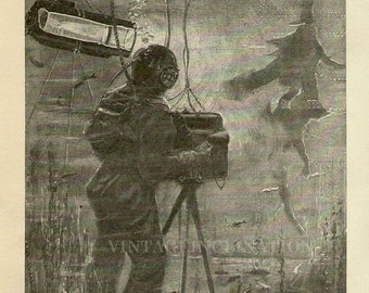 Antique Print, 1920, The Camera in the Ocean Bed