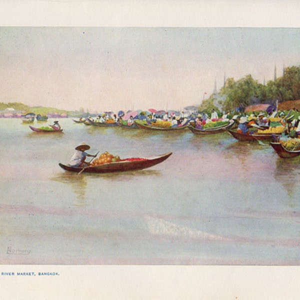 1913 Antique Print of Bangkok, The River Market, art print 108 years old Asian