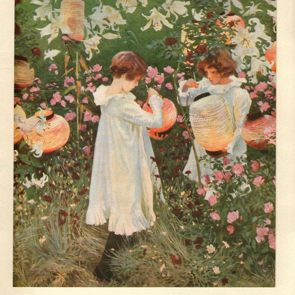 GIRLS IN GARDEN 1930s oil painting Print, John Singer Sargent Artist white pink green lanterns