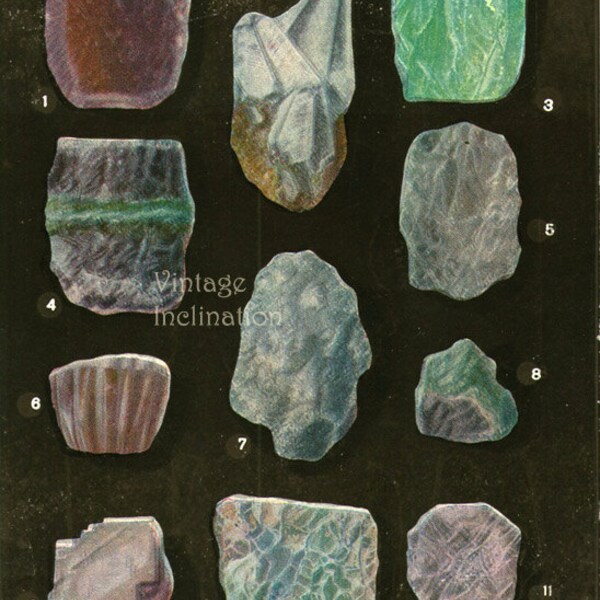 Vintage Print MINERALS CHART European Plate 3 and 4, crystals vintage precious gem stones illustrations