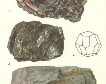 Vintage Print Rocks and Minerals, Haematite Crystals iron ferric oxide