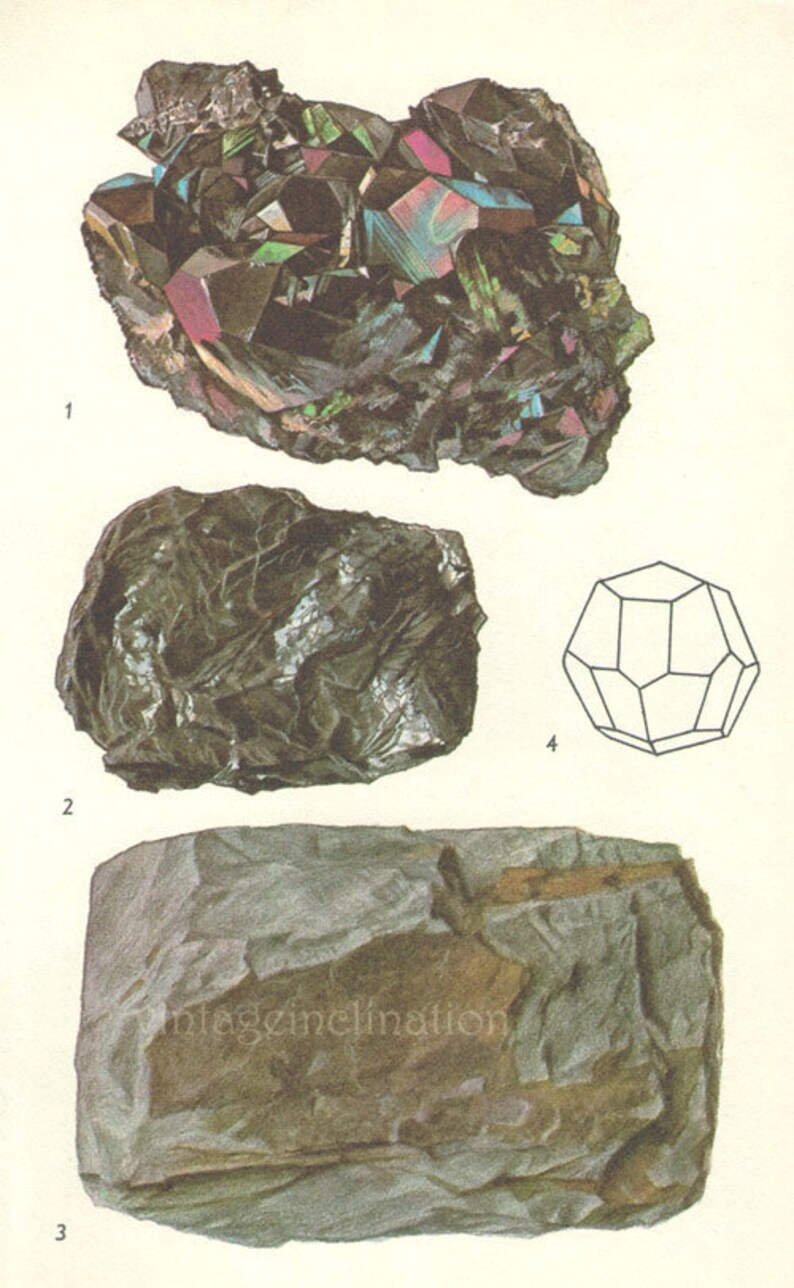 Vintage Print Rocks and Minerals, Haematite Crystals iron ferric oxide image 1