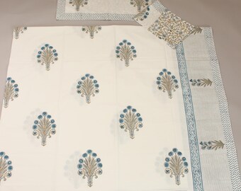 Blue Gold Floral Cotton Bedsheet Set with 2 Pillow Covers, Hand Block Print Bedspread, Luxury Indian Bedding, Off White Cotton Flat Sheet