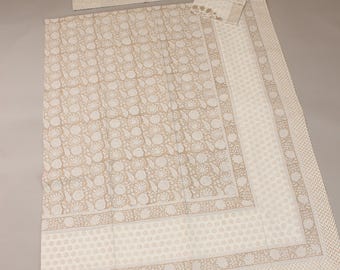 Beige Block Print Cotton Bedsheet Set with 2 Pillow Covers, Neutral Floral Bedspread, Handcrafted Indian Bedding, King Size Flat Sheet