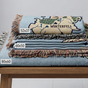 Thrones Map Throw Blanket, Westeros and Essos Map Tapestry Cotton Fringe Blanket House Stark Winterfell Gift GOT Fan Room Decor Gift for Him