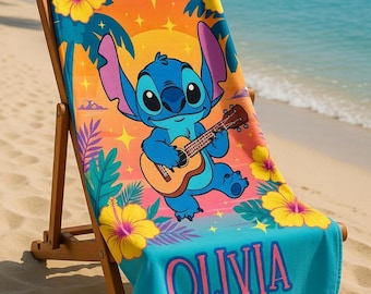 Custom Stitch Beach Towel, Personalized Lilo and Stitch Towel, Custom Stitch Gift for Kids Girls, Disney Cruise Essentials, Tropical Floral