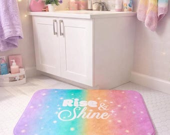 Rise and Shine Bath Mat Rainbow Stars Memory Foam Rug, Colorful Pastel Bathroom Decor, Celestial Aesthetic Shower Mat