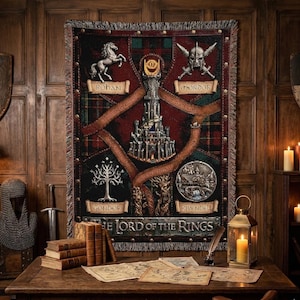 May include: A tapestry featuring a map of Middle-earth with the text "The Lord of the Rings." The tapestry has a red and green plaid background with images of Rohan, Gondor, Rivendell, and Mordor. The tapestry is hanging on a wooden wall.