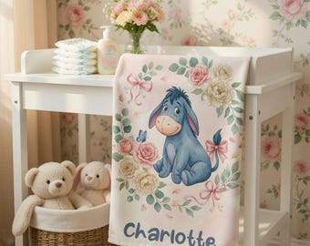 Custom Eeyore Hand Towel, Personalized Disney Nursery Decor, Eeyore Floral Baby Towel, Custom Name Girl Room Gift, New Baby Shower Gift