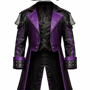 Black & Purple Leather Ringmaster Costume Set | Gothic Circus Performer Outfit with Striped Pants