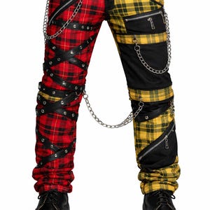 Gotiska Punkplädbyxor med Patchwork och Kedjor – Rödgul Tartan Alternativ Streetwear