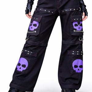 Handmade Unisex Gothic Cargo Pants with Skull Patches | Punk Streetwear Trousers | Black Techier Pants