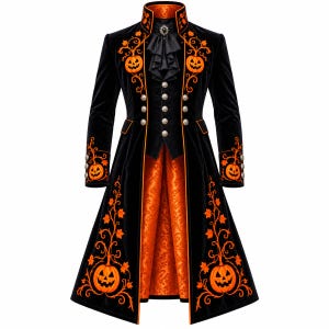 Könnte beinhalten: Ein schwarzer Gehrock aus Samt mit orangefarbenen Kürbisstickereien und Rankenmustern. Der Mantel hat einen Stehkragen, ein schwarzes Rüschen-Jabot, silberfarbene Knöpfe und ein leuchtend orangefarbenes Innenfutter mit Muster.