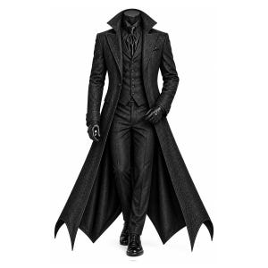 May include: A black three-piece suit featuring a long, structured coat with a high collar, a buttoned vest, and matching trousers. The fabric displays a subtle, intricate tonal pattern throughout. The ensemble includes a dark shirt and tie.