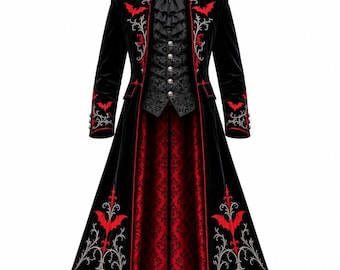 May include: A black velvet long coat featuring a red bat and silver scrollwork embroidery, a high collar, and a matching black patterned vest with silver buttons. The coat has a red damask lining and red piping along the edges and cuffs.