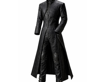 May include: A black long coat with a high collar and a vertical row of small buttons, paired with matching black trousers featuring textured knee panels and black leather boots with double buckle straps, all displayed on a mannequin form.