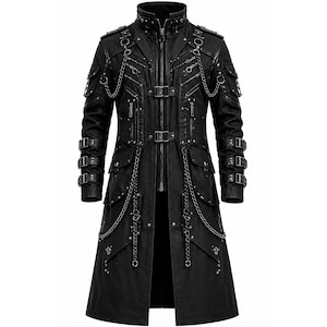 May include: A black long coat featuring a high collar, front zipper closure, and multiple metal buckles. The garment is adorned with silver-toned chains, metal studs, and decorative straps on the sleeves and shoulders, with several pockets.