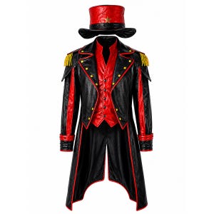 May include: A black and red long coat with gold fringe epaulets, a matching red vest, and a red top hat with a gold star emblem. The coat features red piping, black buttons, and a structured collar, while the top hat has a wide black brim.
