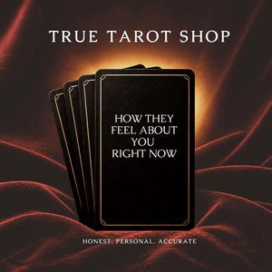 May include: A deck of black tarot cards with gold-colored borders and white text. The top card reads, "HOW THEY FEEL ABOUT YOU RIGHT NOW." Above the cards, the text reads, "TRUE TAROT SHOP," and below the cards, the text reads, "HONEST. PERSONAL. ACCURATE."