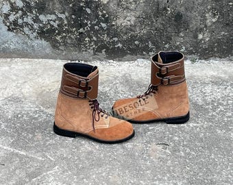 Botas de combate de piel de ante para hombre - Estilo vintage del ejército estadounidense con doble hebilla