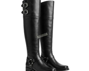 Handmade Black Leather Thigh High Biker Boots | Double Buckle Motorcycle Riding Over Knee