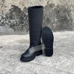 Botas altas de oficial alemán de cuero negro hechas a mano: botas de montar altas