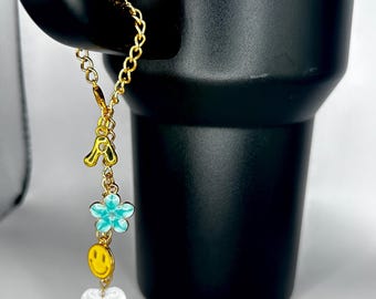 Custom Tumbler Charm Chain; Flowers, Smiley Face