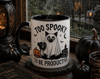 Too Spooky To Be Productive Mug, Funny Ghost Cat Halloween Coffee Cup Gift