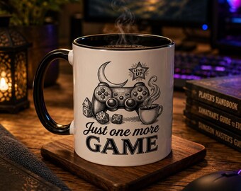 Just One More Game Coffee Mug | Gamer Controller, Dice, Coffee Cup