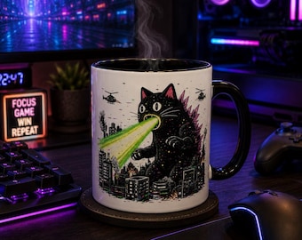 Kaiju Cat Mug, Funny Laser Eyes Black Cat Coffee Cup, Gamer Gift for Cat Lovers