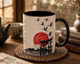 Japanese Ink Art Mug Mount Fuji Coffee Cup Torii Gate Red Sun Asian Aesthetic Japan Gift