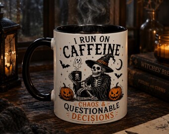 I Run on Caffeine Mug, Funny Witch Skeleton Halloween Coffee Cup Gift