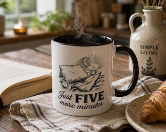 Just Five More Minutes Mug, Funny Sleepy Morning Coffee Cup, Cozy Gift for Tired Coworkers, Night Owls and Coffee Lovers