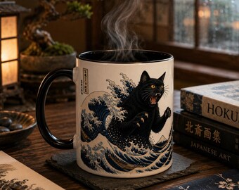 Japanese Wave Cat Mug, Hokusai Black Cat Coffee Cup, Funny Art Lover Gift