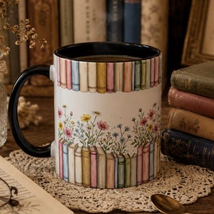 May include: A white ceramic mug with a black handle and interior, featuring a wrap-around illustration of colorful book spines at the top and bottom edges, with a central band of delicate watercolor-style wildflowers in pink, yellow, and blue.