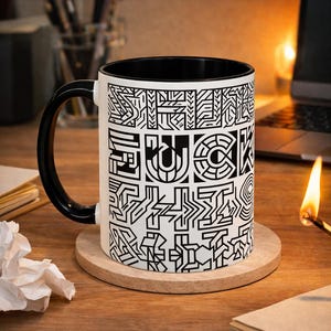 Peut inclure: Mug en céramique blanche avec intérieur et anse noirs. Le mug présente un motif géométrique noir et blanc avec le mot "Suck" au centre. Le mug est posé sur un dessous de verre en bois.