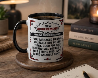 New Achievement Black Mug, LitRPG Fantasy Reader Coffee Cup