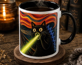Screaming Black Cat Mug, Laser Eyes Art Coffee Cup, Funny Cat Lover Gift