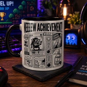 May include: A white ceramic mug with a black handle and interior, featuring a black and white graphic print of a video game interface. The design includes the text NEEEW ACHIEVEMENT!, a monster card, a potion bottle labelled +1 LUCK, and icons.