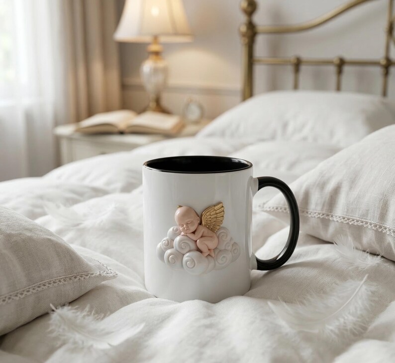 May include: White ceramic mug with a black interior and handle. The mug features a 3D relief of a sleeping cherub with gold wings on a cloud. The mug is resting on a white bed with pillows.
