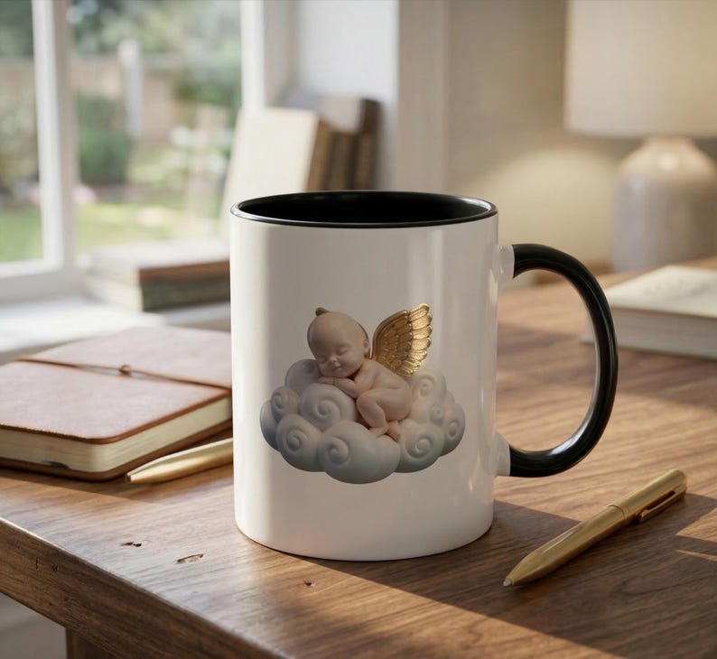 May include: A white ceramic mug with a black interior and handle. The mug features a sleeping cherub on a cloud design with gold wings. The mug is on a wooden surface.