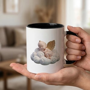"A peaceful 3D puffy angel baby memorial mug with soft clouds. The perfect infant loss remembrance cup and miscarriage bereavement gift for grieving mothers."