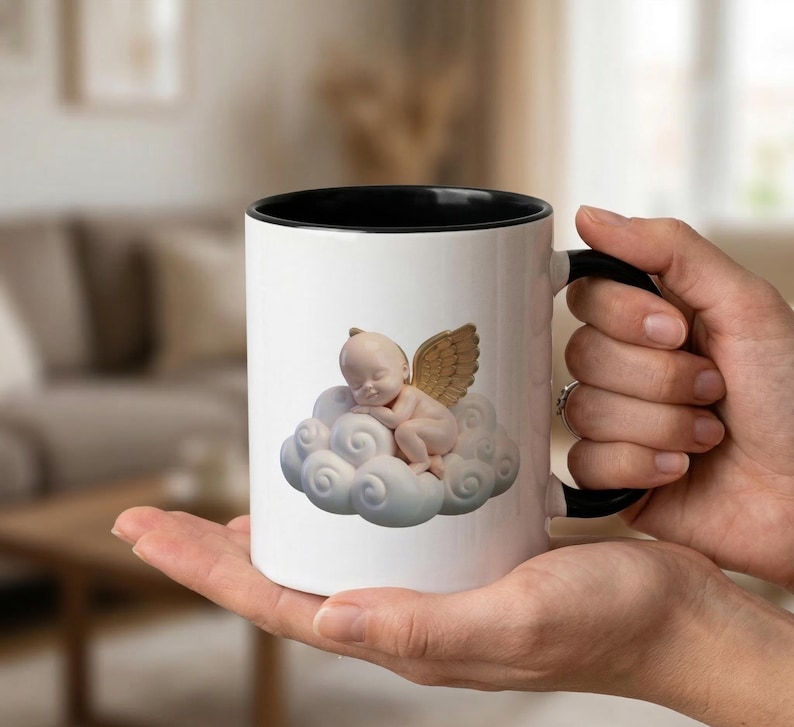 "A peaceful 3D puffy angel baby memorial mug with soft clouds. The perfect infant loss remembrance cup and miscarriage bereavement gift for grieving mothers."