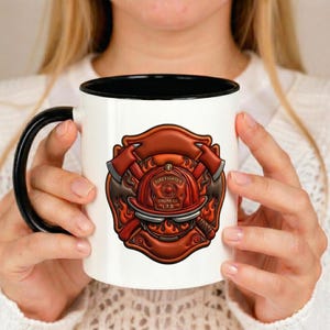 Taza de bombero 3D con relieve / Taza de café con casco, hachas y llamas