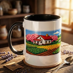 Può includere: Tazza in ceramica bianca con interno e manico neri. La tazza presenta un design paesaggistico pixelato con una casa, alberi e campi. La tazza è appoggiata su un sottobicchiere di legno.