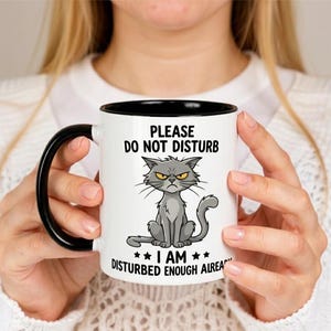Puede incluir: Taza de cerámica blanca con asa y borde negros. La taza presenta el texto "PLEASE DO NOT DISTURB" sobre una ilustración de dibujos animados de un gato gris gruñón. Debajo, el texto "I AM DISTURBED ENOUGH ALREADY."
