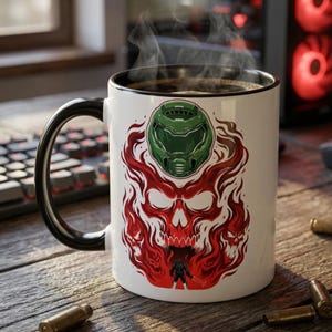 May include: White ceramic mug with a black handle and rim, featuring a graphic of a green helmet above a red skull engulfed in flames. The mug is filled with a dark liquid, and steam rises from the top. A keyboard and computer are in the background.