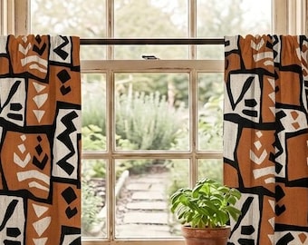 Terrakotta Boho Köksgardin, Texturerad Geometrisk Cafégardin, Lantlig Fönsterbehandling